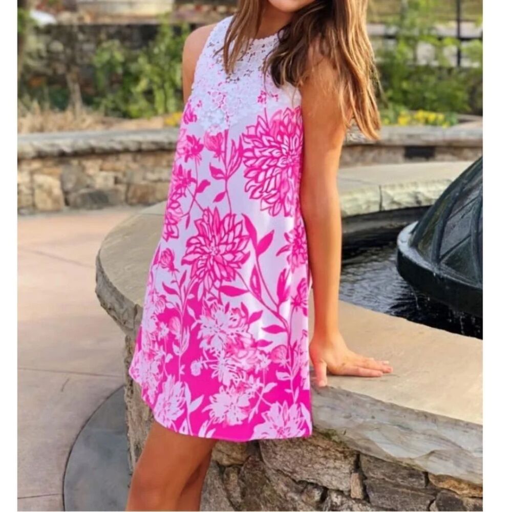 Lilly Pulitzer Pink Floral Nala Shift Dress Lace Detail Size 6 Coastal Tropical